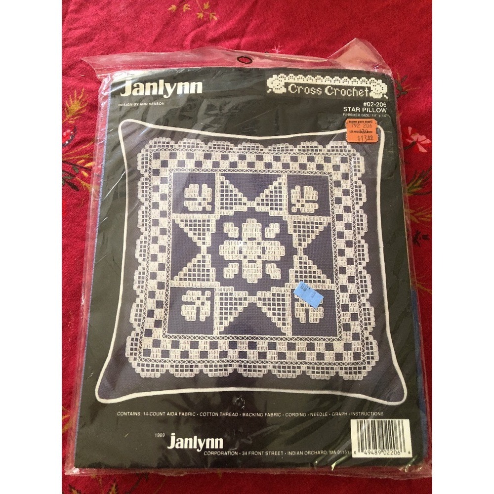 Janlynn Throw Pillow Cover Crochet Kit Blue Star White Cottage Core Embroidery